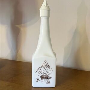 Vintage White Ceramic Empty Liquor Decanter with Gold Mountain Chalet Drawing